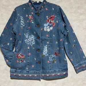 Denim & Co Floral Embroidered Denim Jacket Medium Wash Blue Small A82134